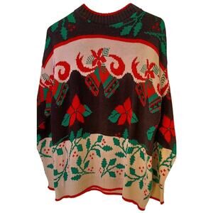 Vintage Cabin Creek Petite Large Christmas Sweater Poinsettia Bells Grannycore